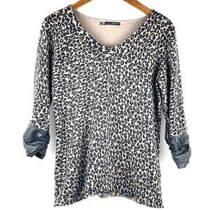 Maurices Womens Top Leopard Knit Faux Leather 3/4 Sleeves Size L